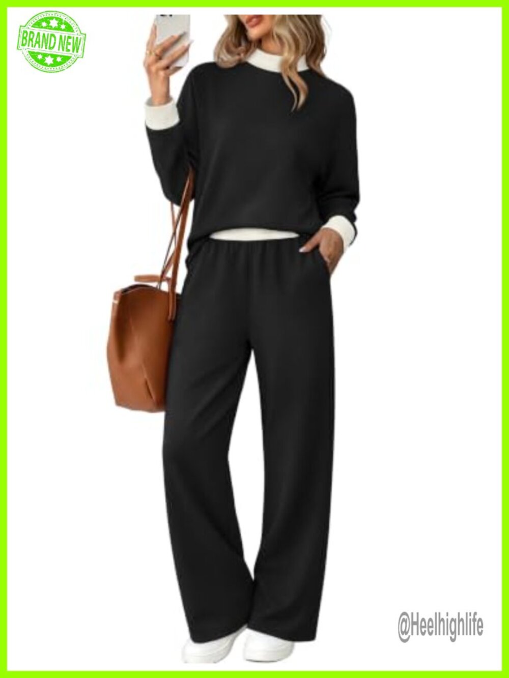 Two Piece Loungewear Set Mock Neck Top Wide Leg Pants